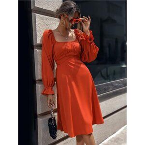 Square Neck Flounce Sleeve Midi Dress